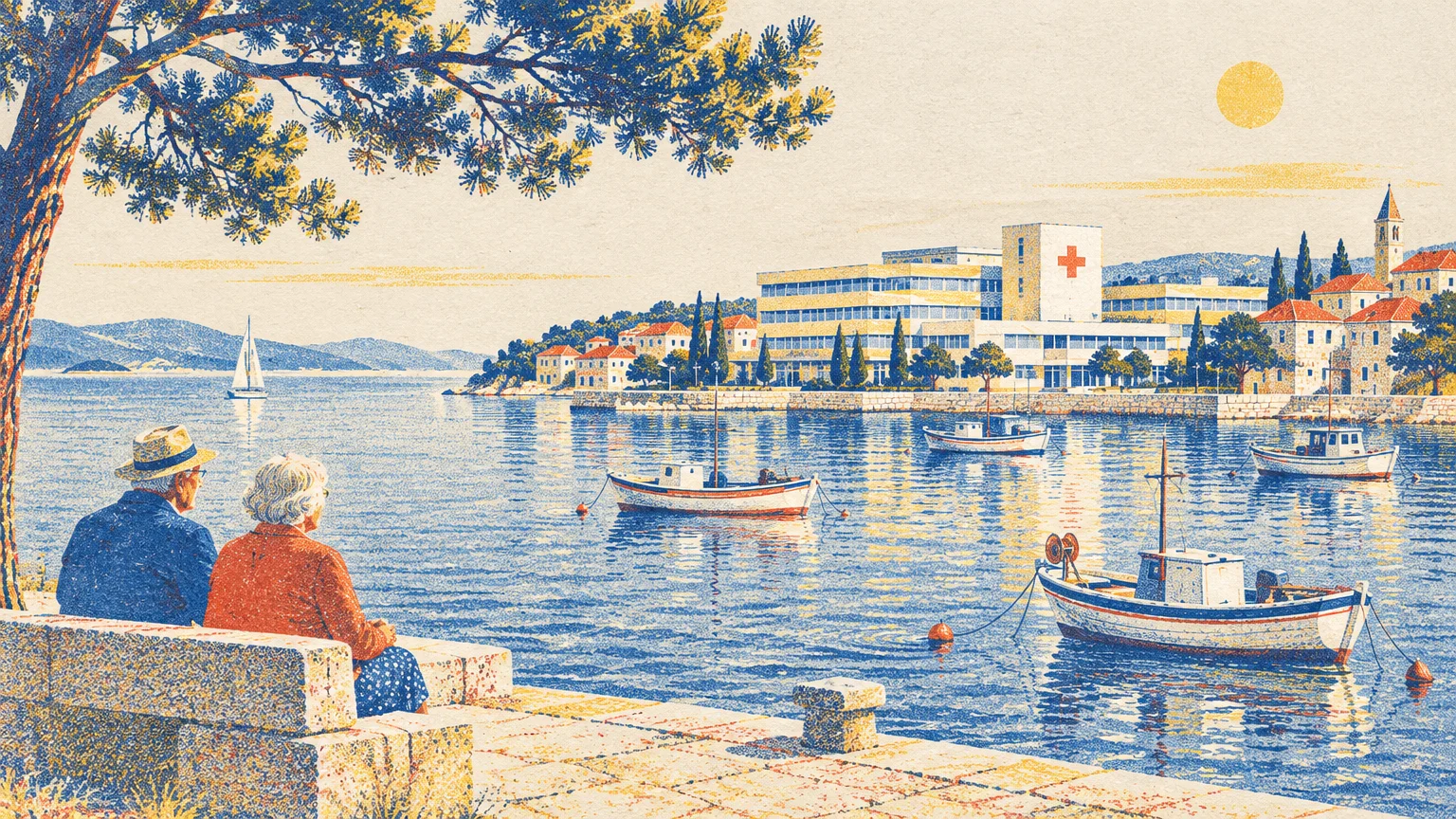 Illustration of an older couple on a stone bench overlooking a harbor with boats and a coastal hospital.