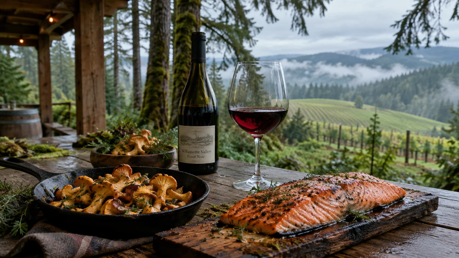 Grilled salmon, sautéed mushrooms in a skillet, and red wine on a wooden table overlooking a misty vineyard.
