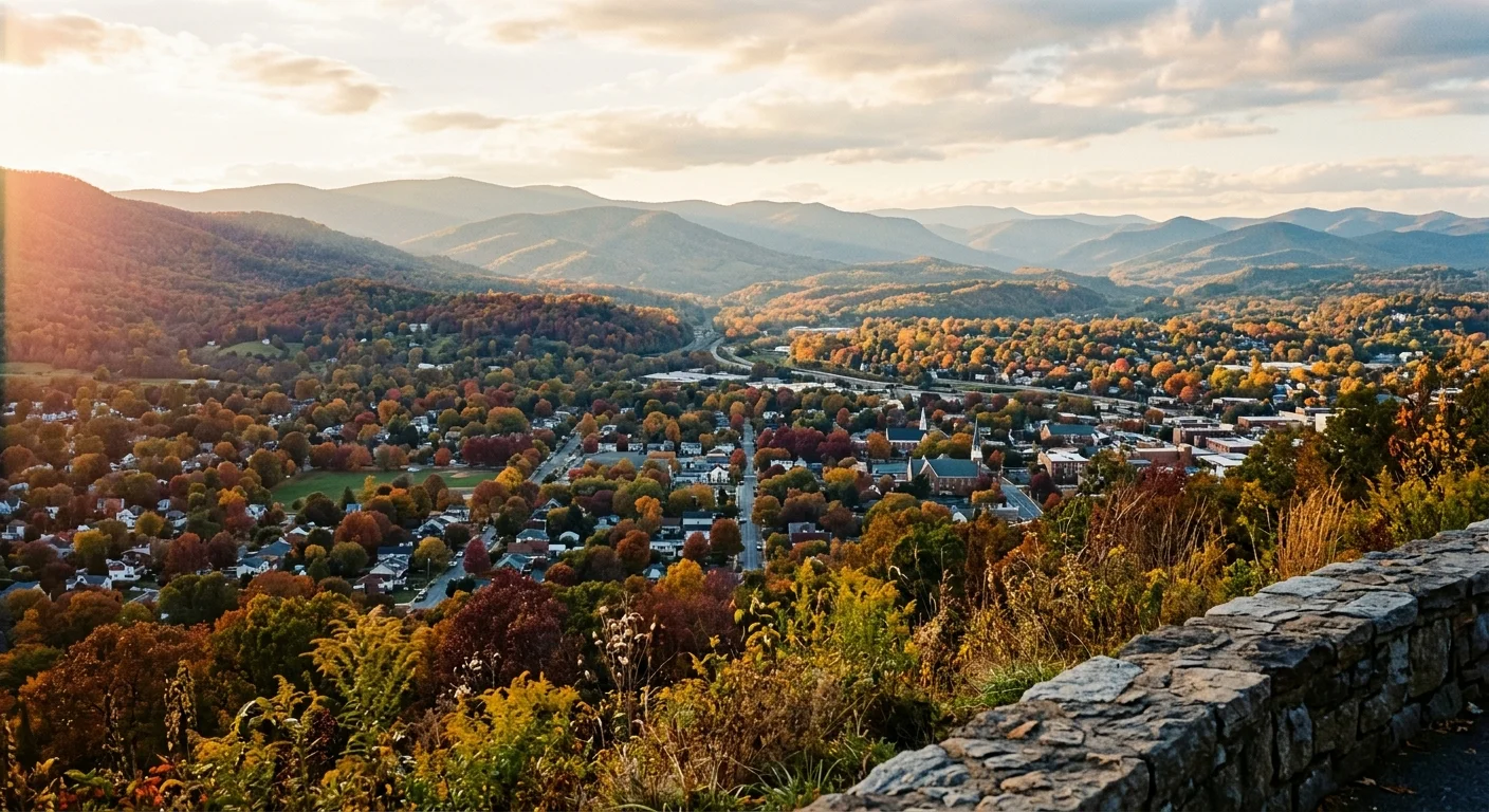 Elevated view of a valley town filled with colorful autumn trees, backed by layers of rolling blue mountains under a sunset sky.