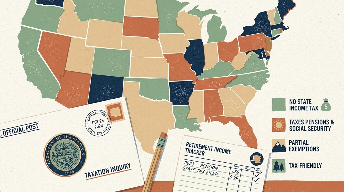 Color-coded US map of state tax policies beside an envelope, pencil, and retirement income tracker sheet.