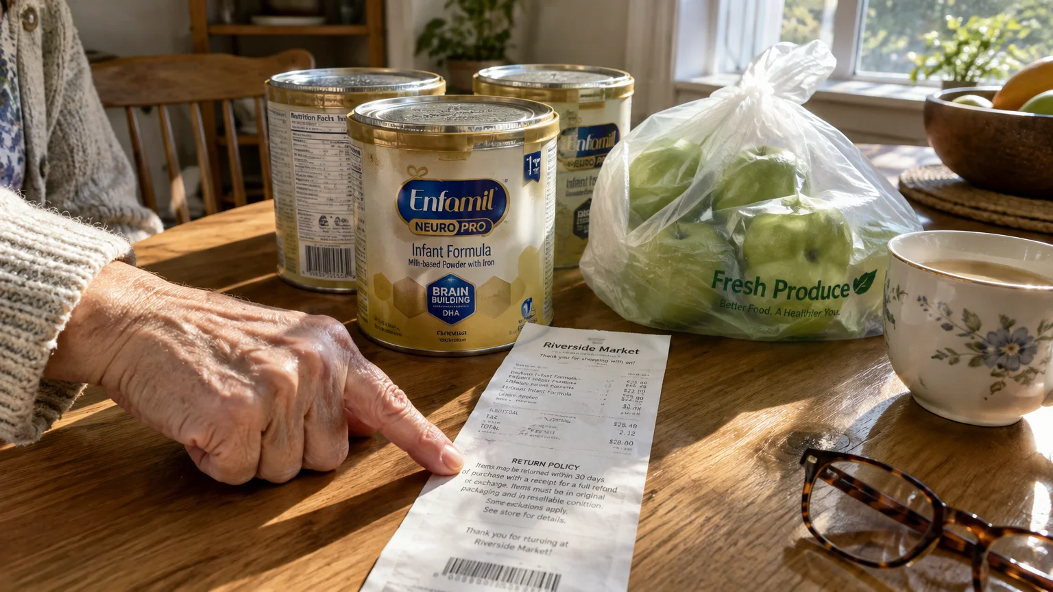 A person points to a store receipt next to cans of baby formula and a bag of green apples on a wooden table.