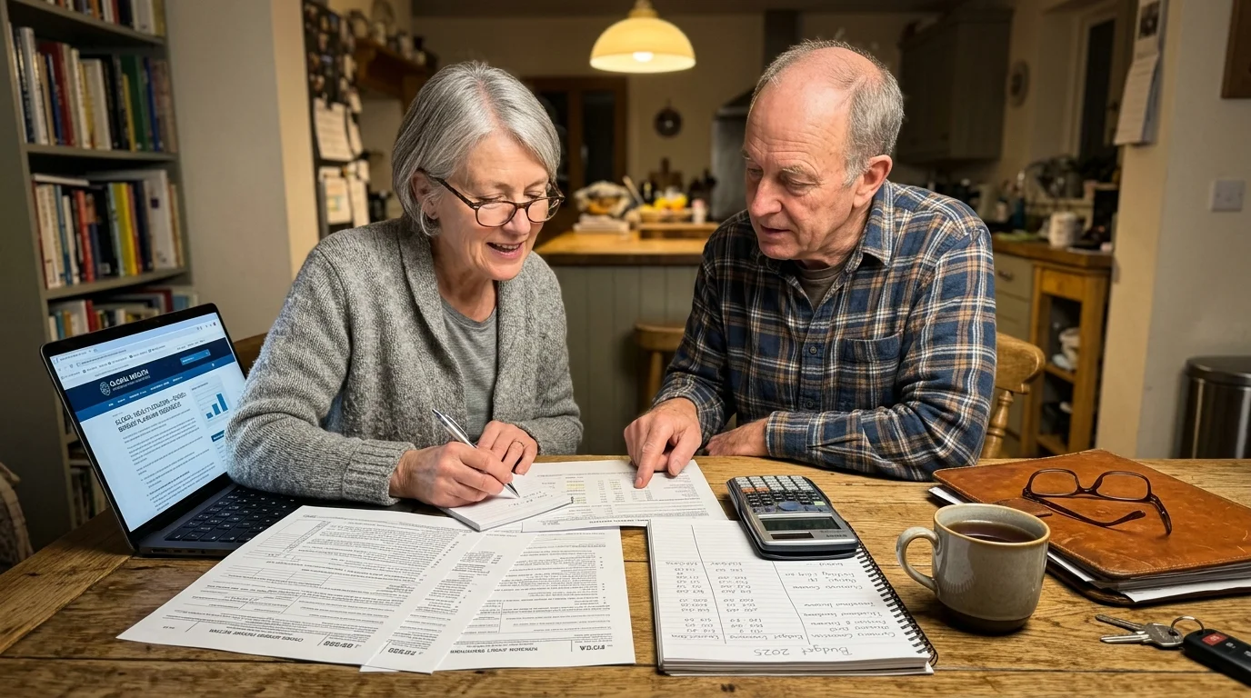 Senior couple reviewing paperwork and financial spreadsheets together at a dining table with a laptop and calculator.