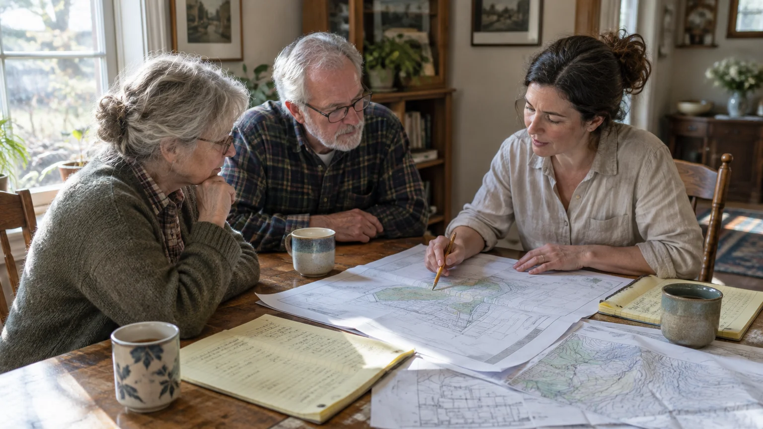 A woman with a pencil reviews large architectural site plans at a wooden table with an older couple.