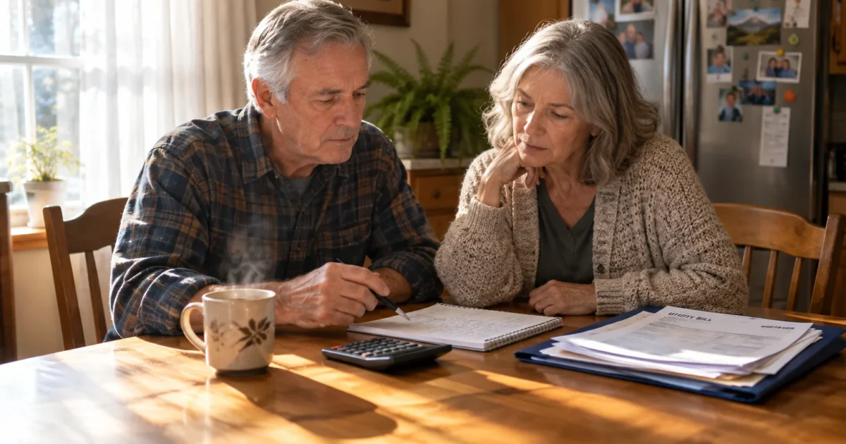 An older couple sits at a wooden table reviewing utility bills, a notebook, and a calculator in a sunlit kitchen.