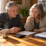 An older couple sits at a wooden table reviewing utility bills, a notebook, and a calculator in a sunlit kitchen.