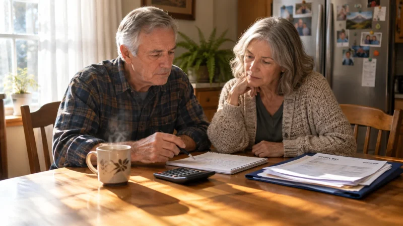 An older couple sits at a wooden table reviewing utility bills, a notebook, and a calculator in a sunlit kitchen.