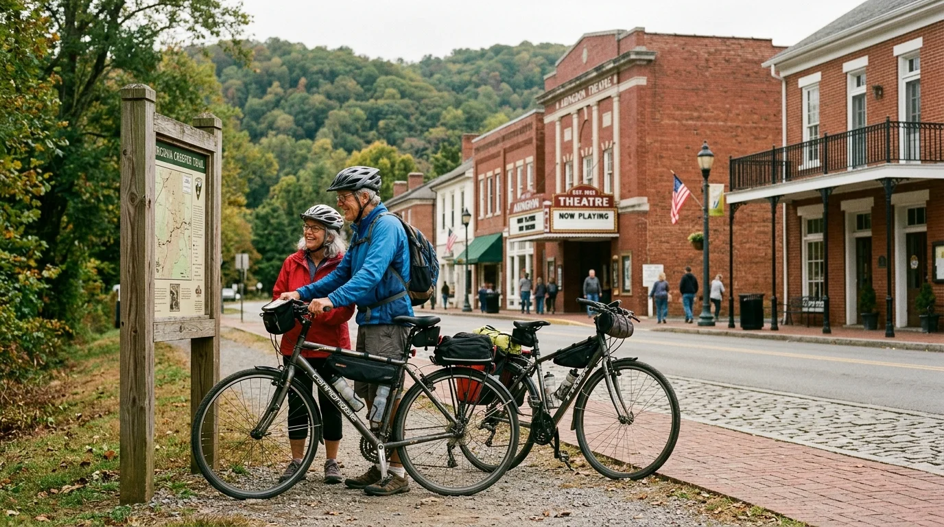 Two senior cyclists with bikes look at a trail map sign beside a street lined with historic brick buildings.