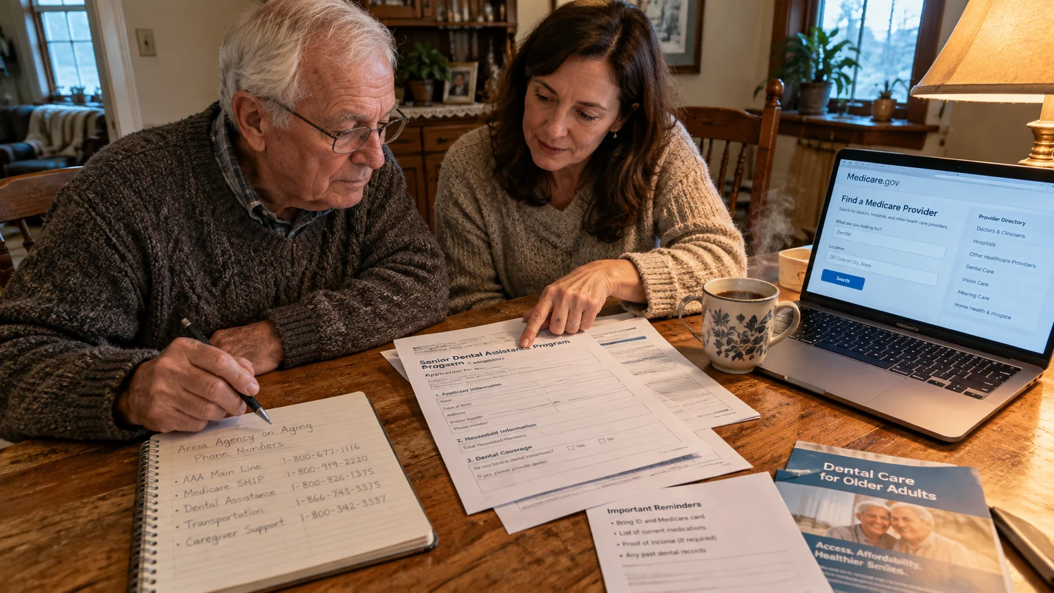 A woman and an older man review dental assistance forms and a laptop displaying Medicare.gov at a wooden table.