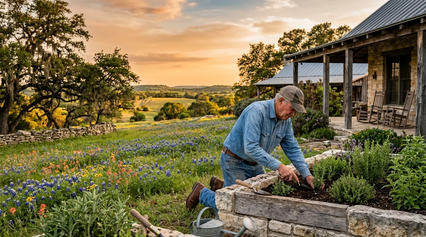 Senior man planting herbs in a raised stone bed beside a field of bluebonnets and a rustic country home at sunset.
