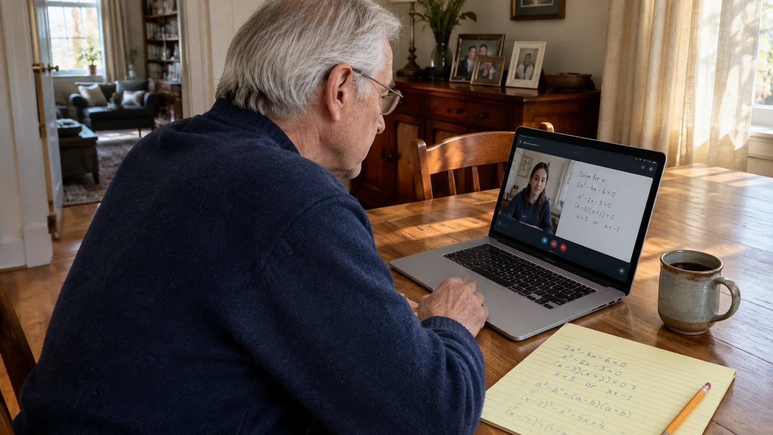 Senior man with glasses seated at a dining table, tutoring a student in math via video call on his laptop.