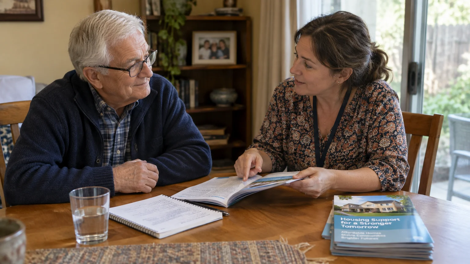 A female specialist reviews a housing booklet with an older man seated together at a wooden dining table.