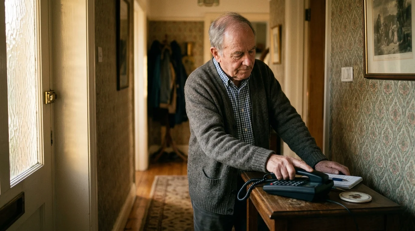 An older man in a cardigan hangs up a landline telephone on a small hallway table beside a notebook.