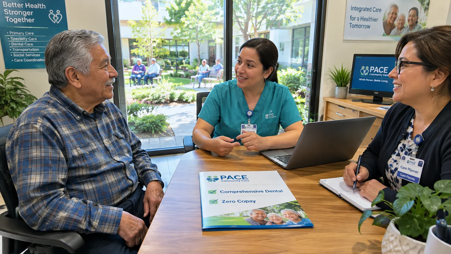 Senior man speaking with two healthcare workers at a desk with PACE pamphlets in an office.