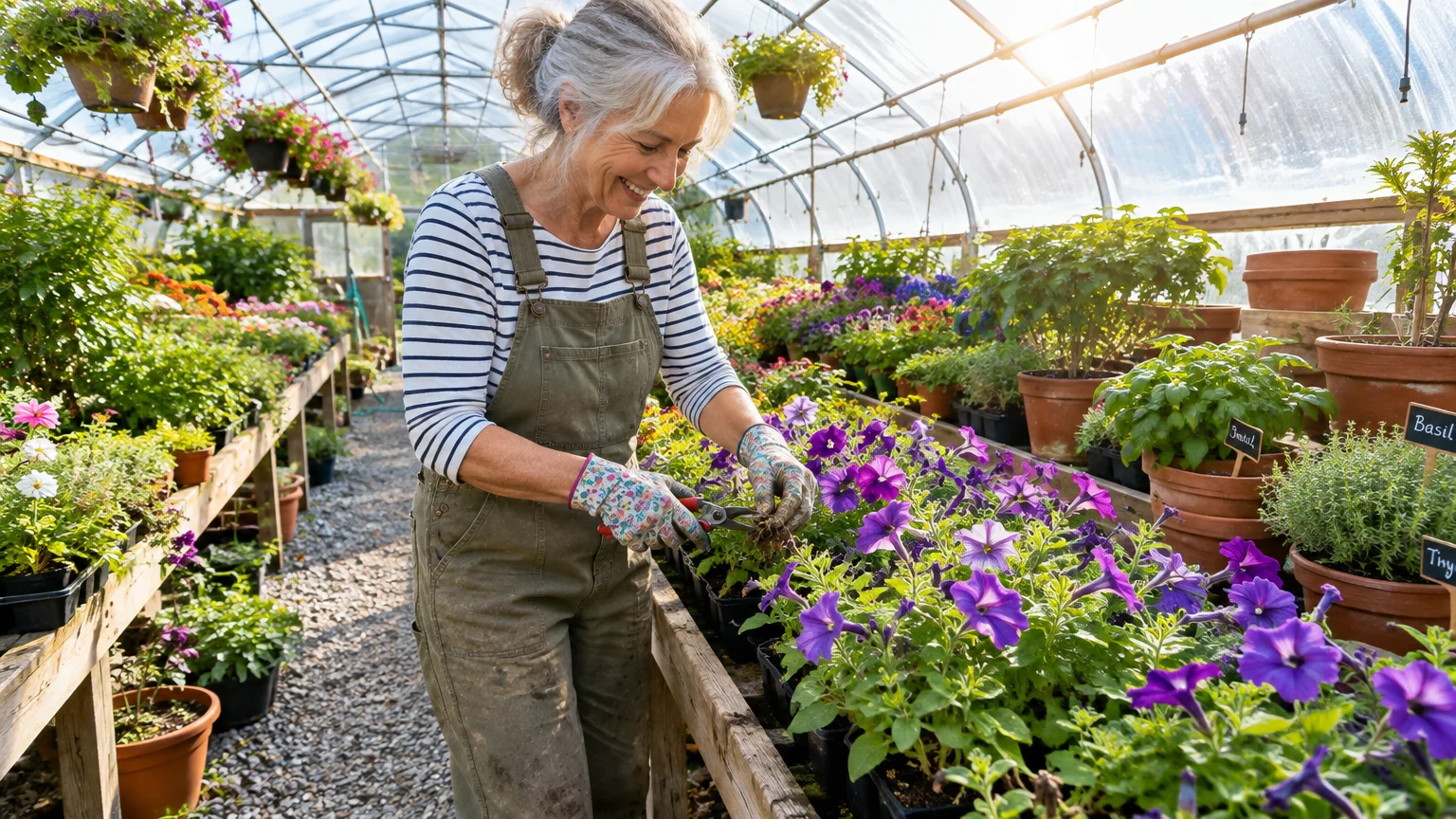 A smiling older woman in overalls and gardening gloves trims purple flowers inside a sunny greenhouse.