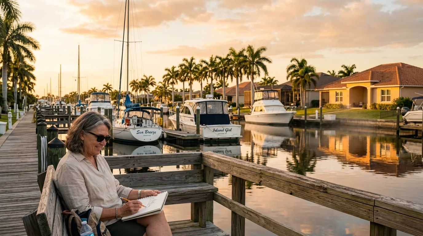 A woman sits on a wooden dock bench sketching a canal filled with boats, palm trees, and waterfront homes at sunset.