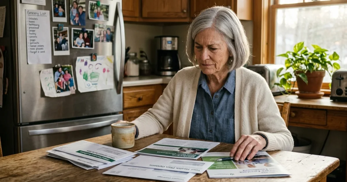 Senior woman sitting at a kitchen table with a mug, reviewing Medicare enrollment papers and mail.