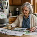 Senior woman sitting at a kitchen table with a mug, reviewing Medicare enrollment papers and mail.