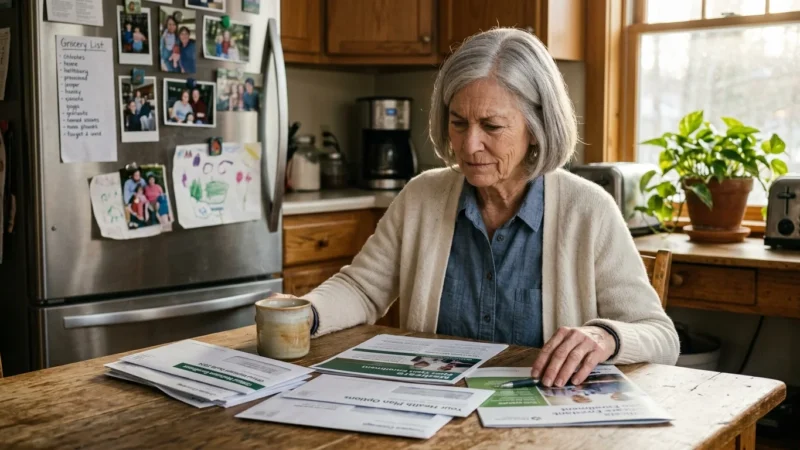 Senior woman sitting at a kitchen table with a mug, reviewing Medicare enrollment papers and mail.