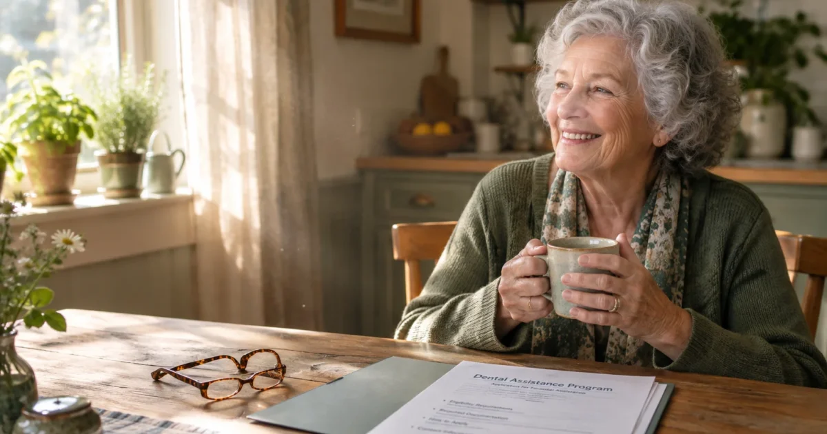 Smiling senior woman holding a mug at a wooden table with dental assistance application papers and eyeglasses.