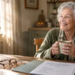 Smiling senior woman holding a mug at a wooden table with dental assistance application papers and eyeglasses.