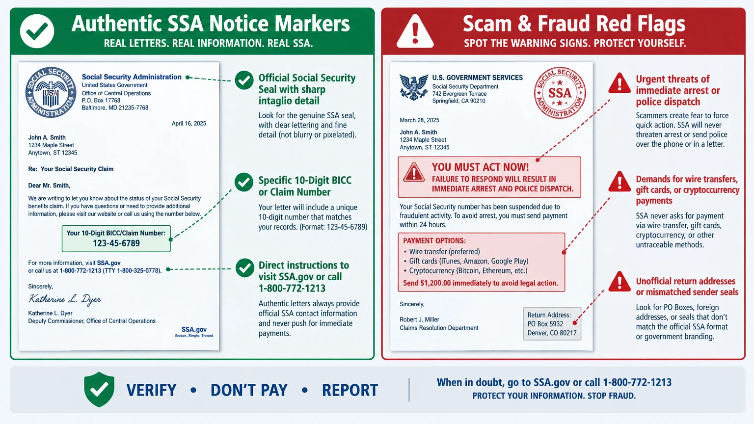 Side-by-side comparison of an authentic SSA notice markers diagram against a scam letter warning of immediate arrest.