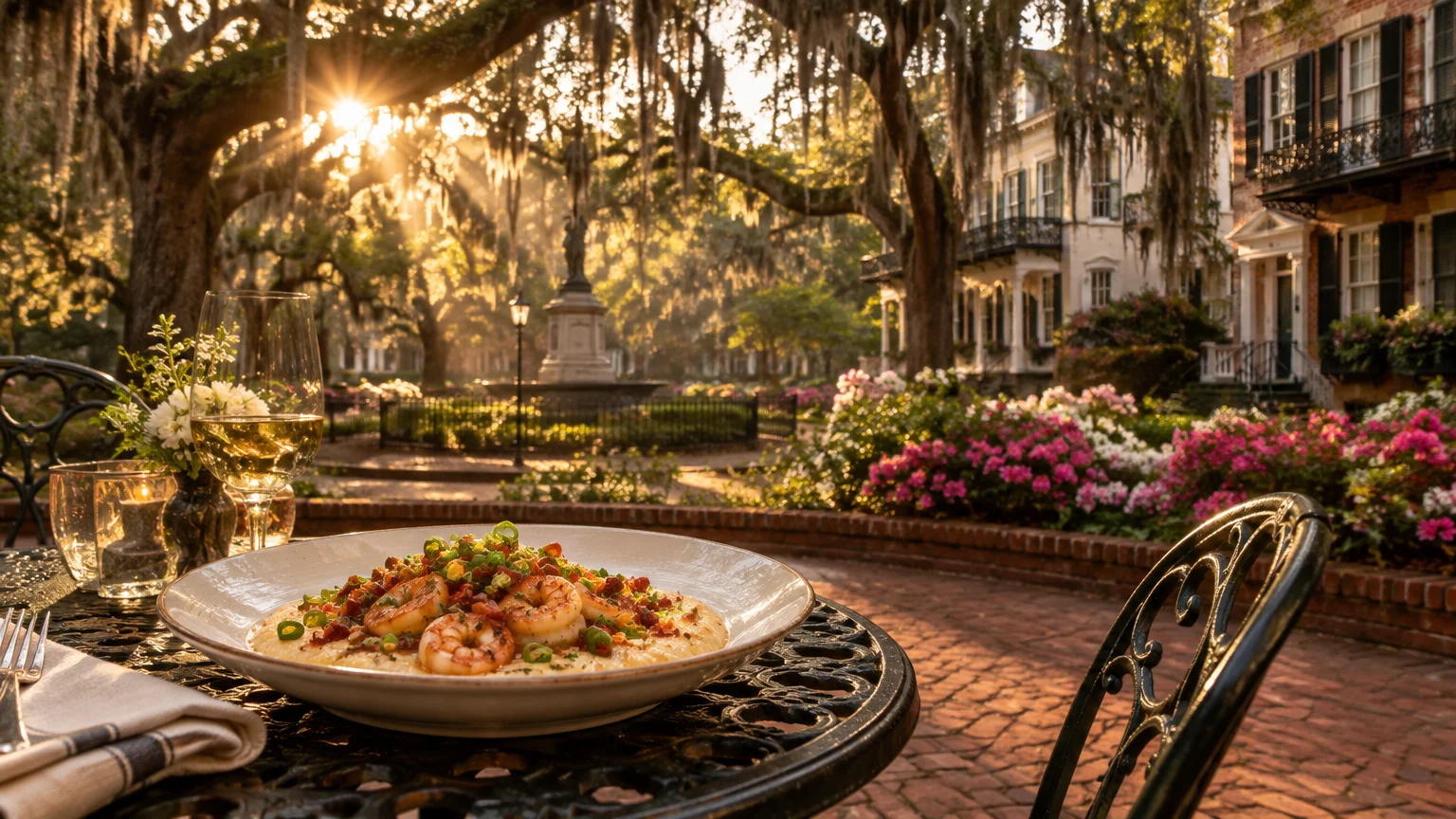 Shrimp and grits with white wine on an outdoor patio table overlooking a sunlit town square draped in Spanish moss.
