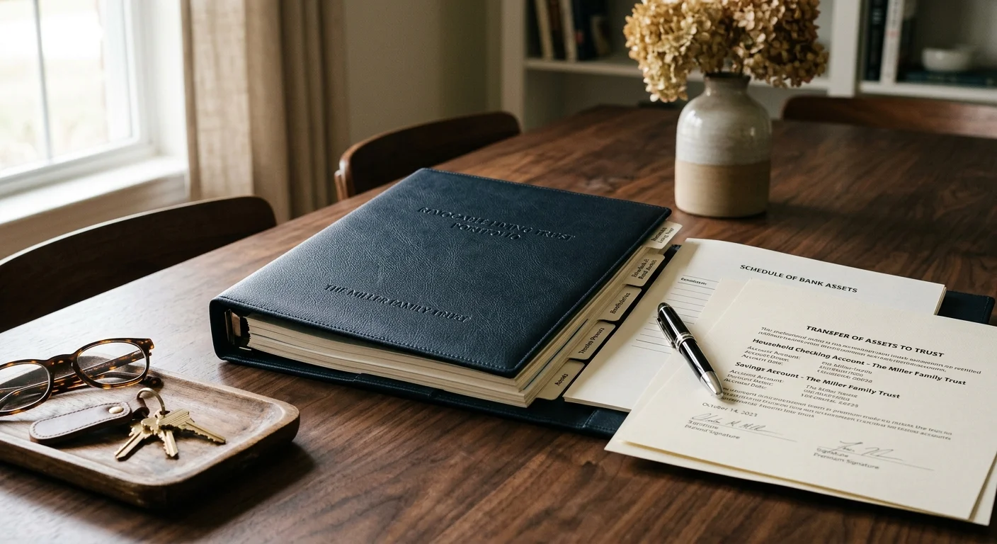 A leather-bound revocable living trust binder with asset transfer documents, pen, glasses, and keys on a wooden table.