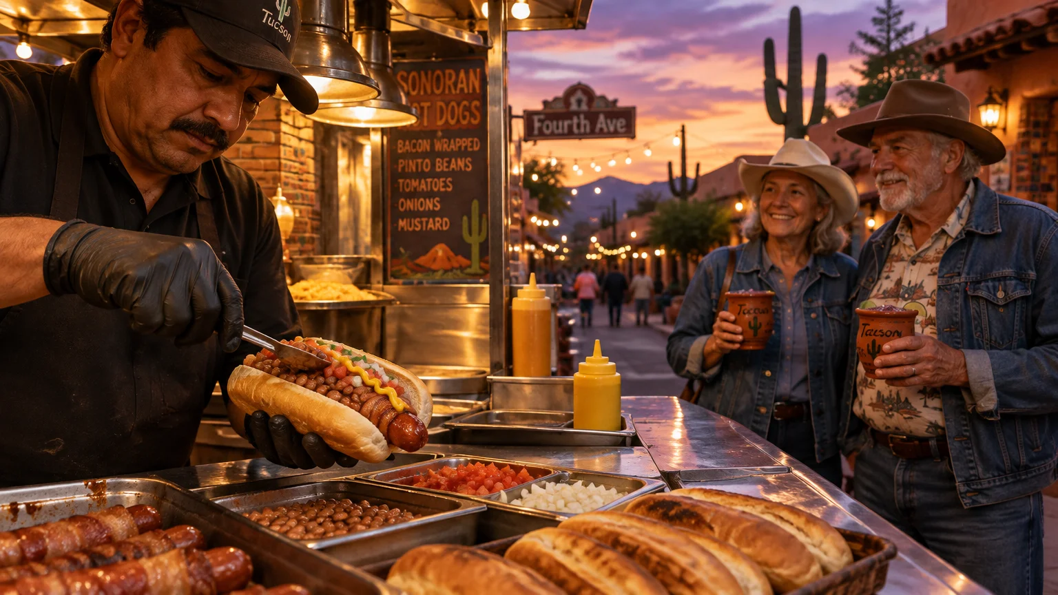 A vendor prepares a loaded Sonoran hot dog at an outdoor food cart on Fourth Avenue for an older couple at dusk.