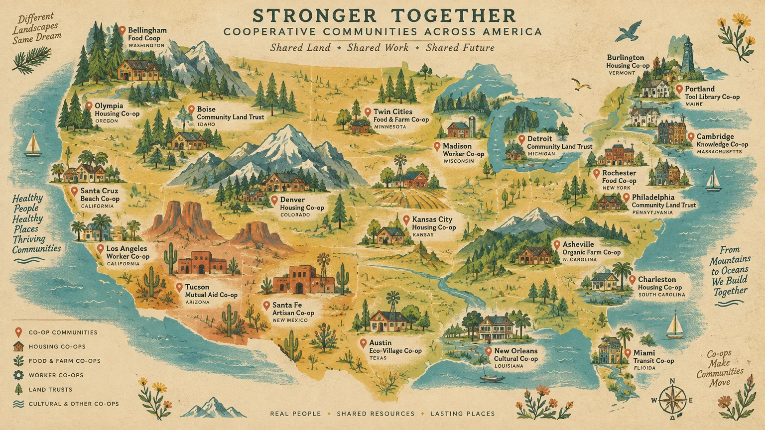 Illustrated map of the United States pinpointing various cooperative communities and housing projects across multiple states.