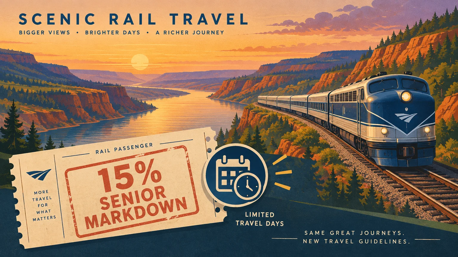 Vintage illustration of a passenger train traveling through a canyon at sunset, beside a 15% markdown ticket graphic.