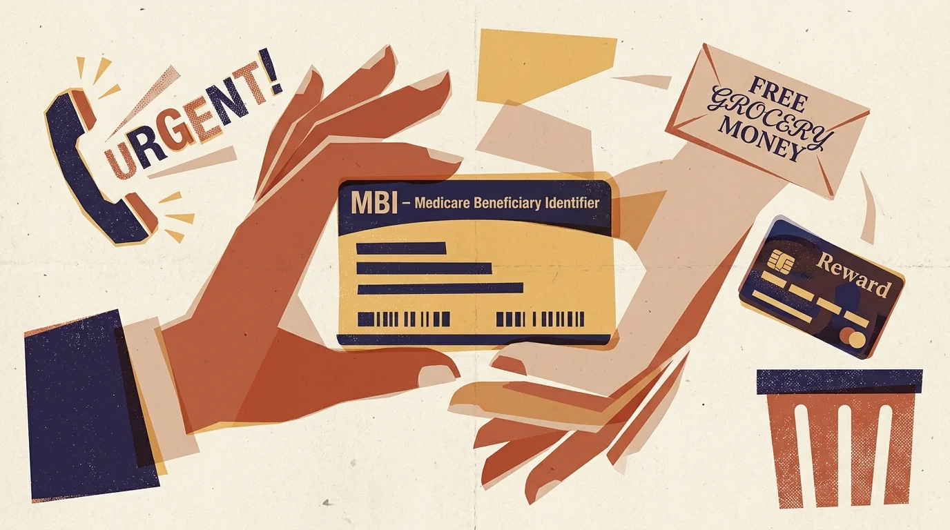 Hands holding a Medicare Beneficiary Identifier card, flanked by an urgent telephone receiver and grocery offer envelope.