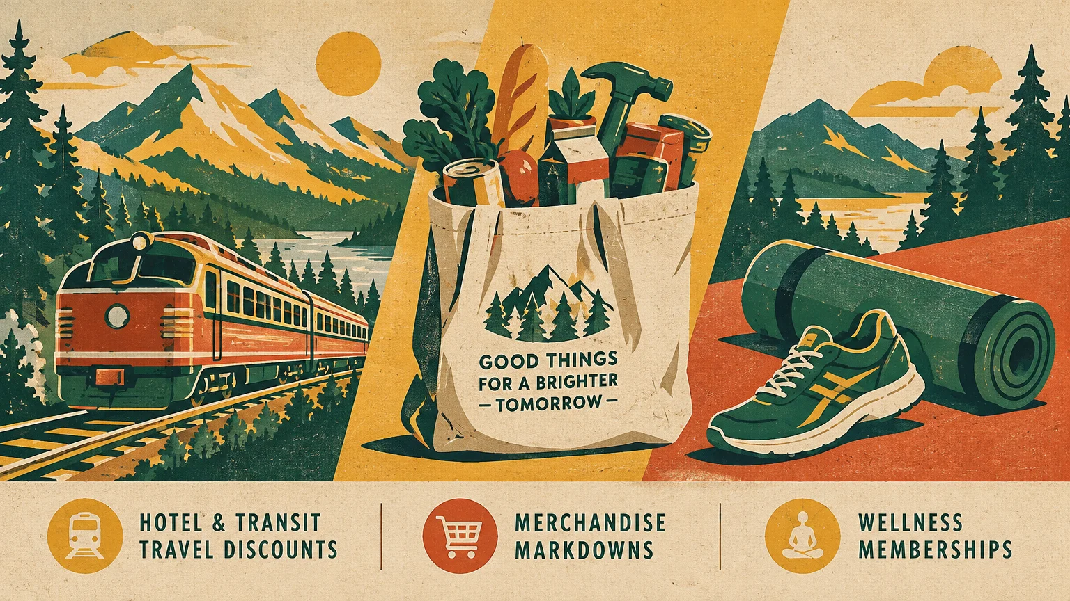 Triptych illustration featuring a train in the mountains, a tote bag of groceries, and a running shoe with a yoga mat.