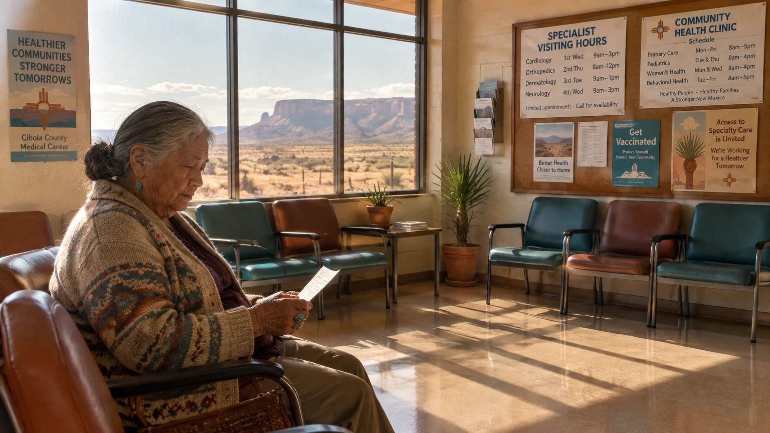 An older woman sits in a clinic waiting room holding paper, with desert mesa scenery visible through large windows.