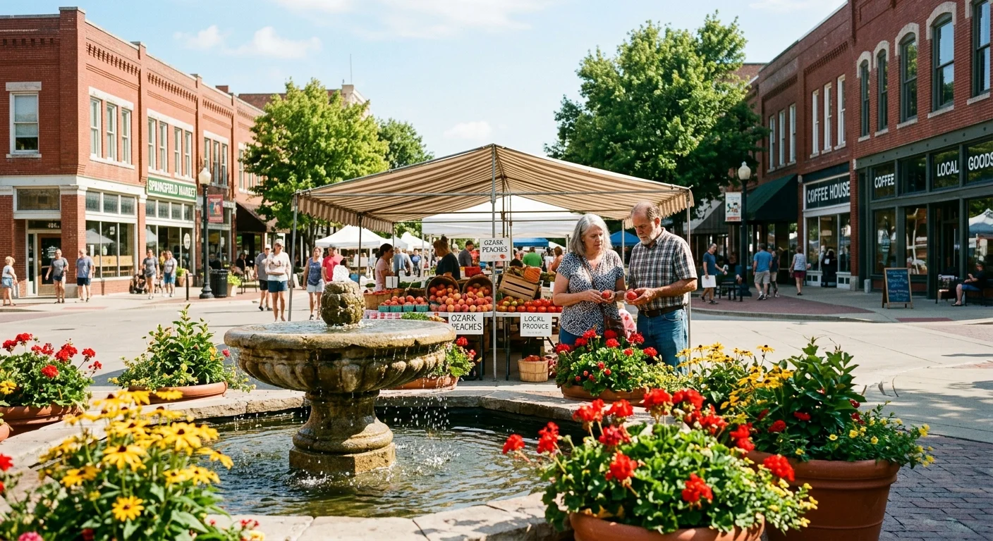 People shop at a sunny street market in a town square with brick storefronts and a stone fountain surrounded by flowers.