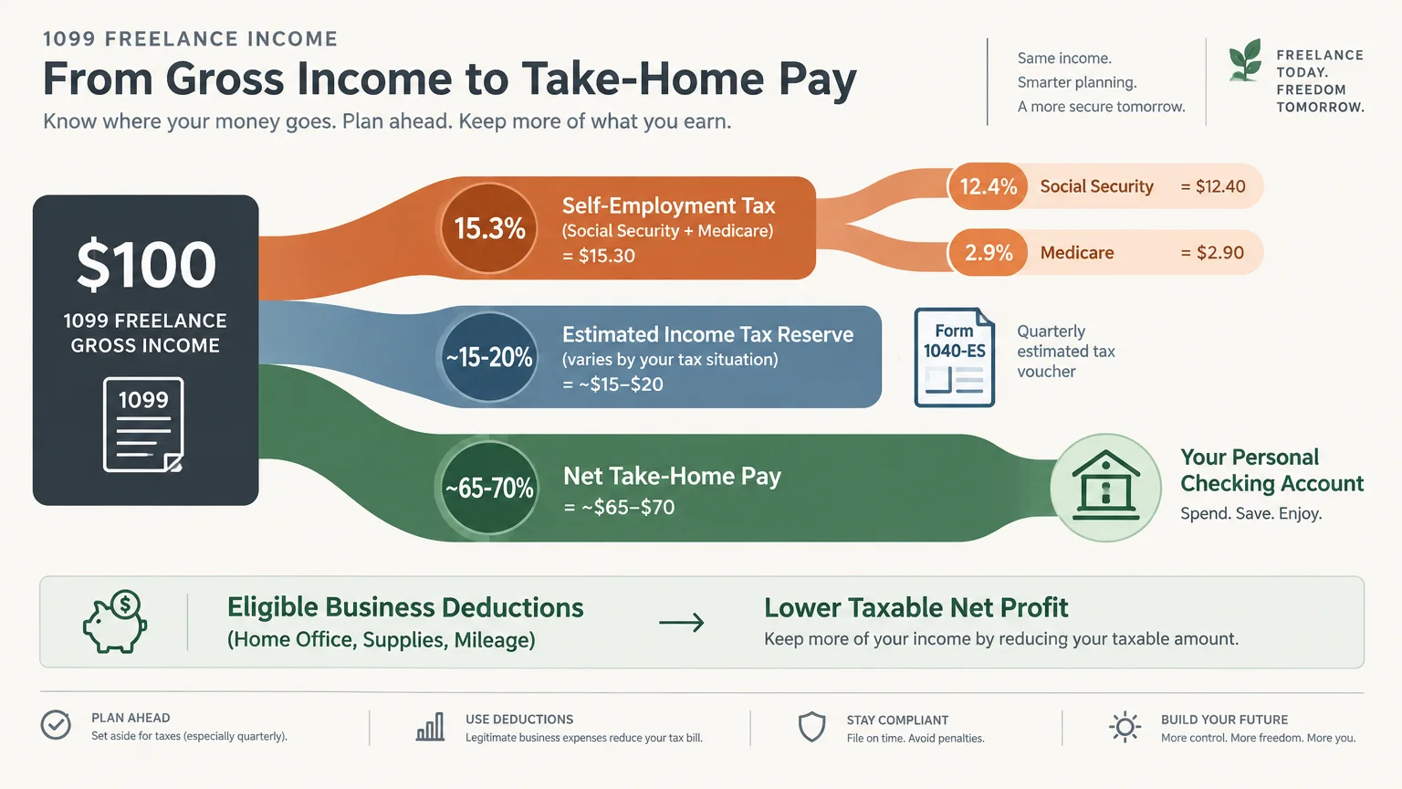 Diagram breaking down 100 dollars of 1099 freelance income into self-employment tax, income tax reserve, and take-home pay.