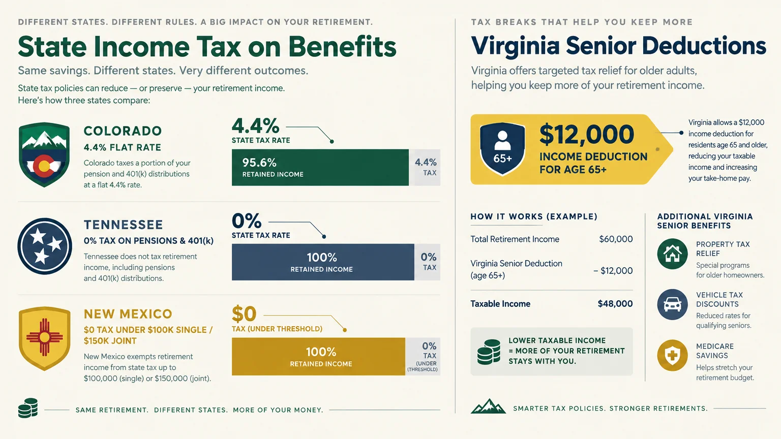 Infographic comparing retirement state income tax in Colorado, Tennessee, and New Mexico alongside Virginia senior deductions.