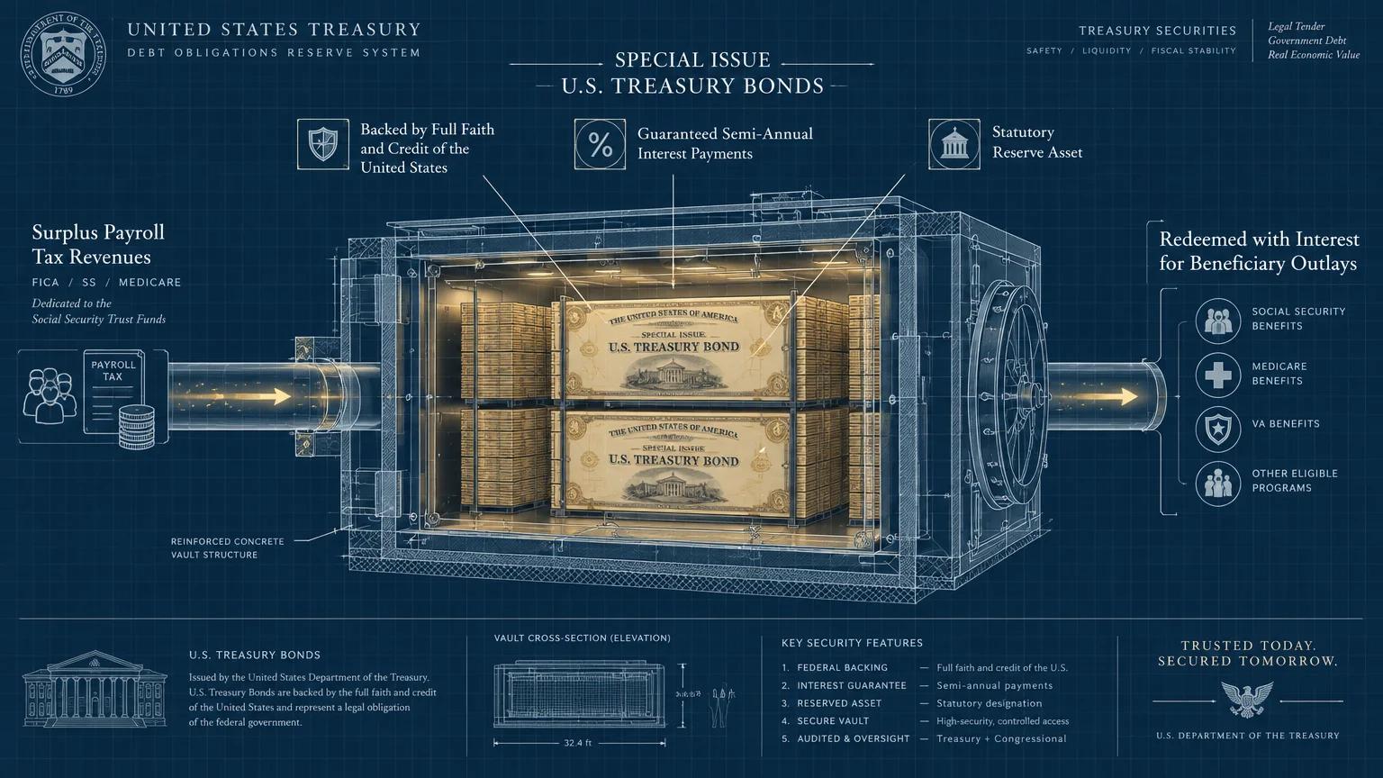 Blueprint diagram showing a bank vault containing stacks of special issue U.S. Treasury bonds between revenue pipes.