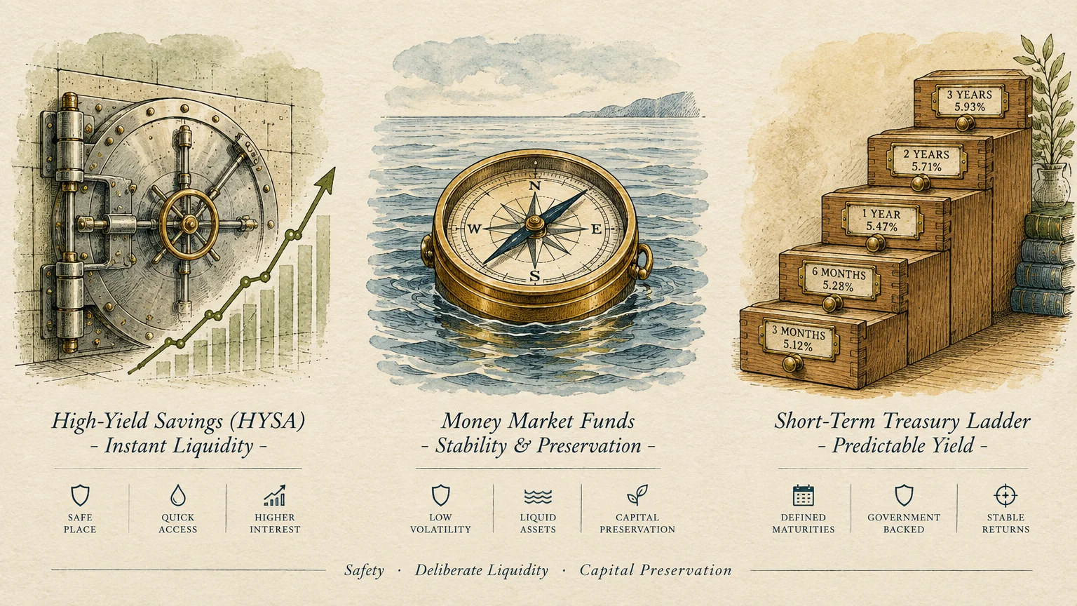 Three watercolor panels depicting a bank vault, a floating brass compass, and wooden drawers arranged as a stepped ladder.