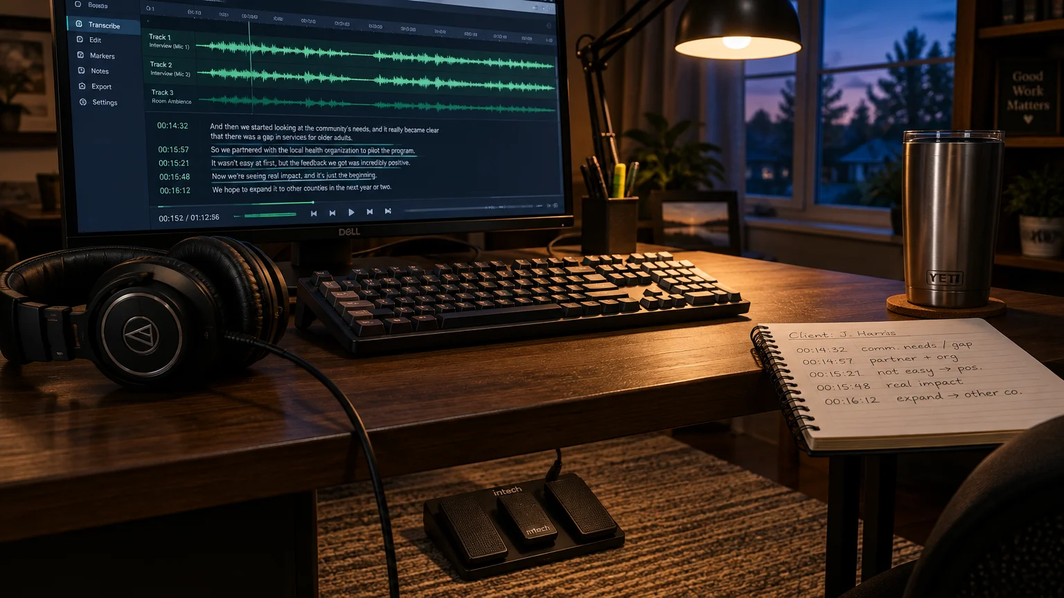 A transcription desk setup with headphones, a mechanical keyboard, a monitor showing audio waveforms, and a foot pedal.
