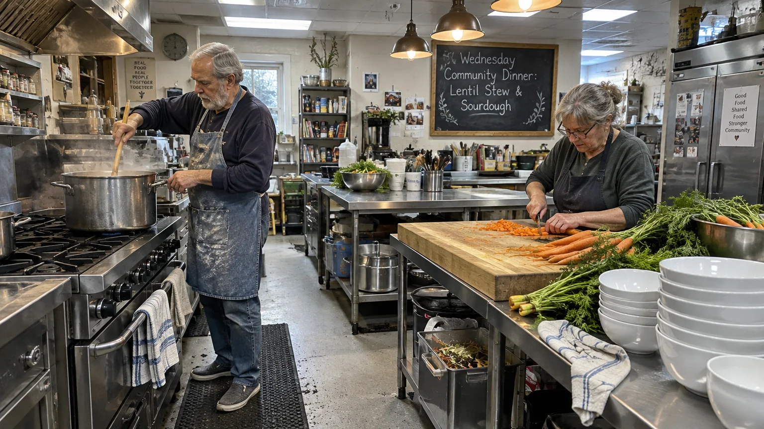 Older man stirring a large pot on a commercial stove while a woman chops fresh carrots on a wooden prep block.