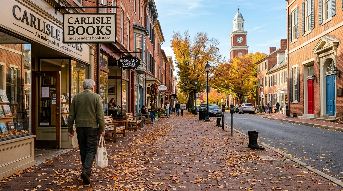 Brick sidewalk with fallen autumn leaves lined with historic brick storefronts, a bookstore, and a distant clock tower.