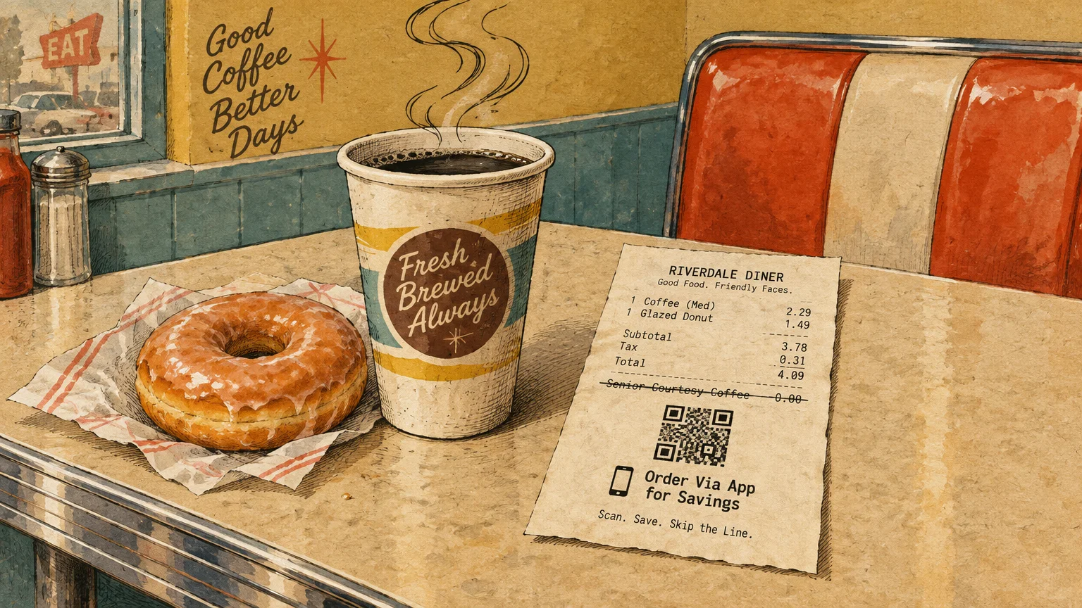 Diner booth table with a glazed donut, paper cup of coffee, and a receipt showing a crossed-out senior coffee discount.