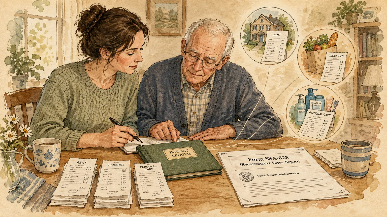 Illustration of an older man and younger woman reviewing receipts, a budget ledger, and Form SSA-623 at a wooden table.