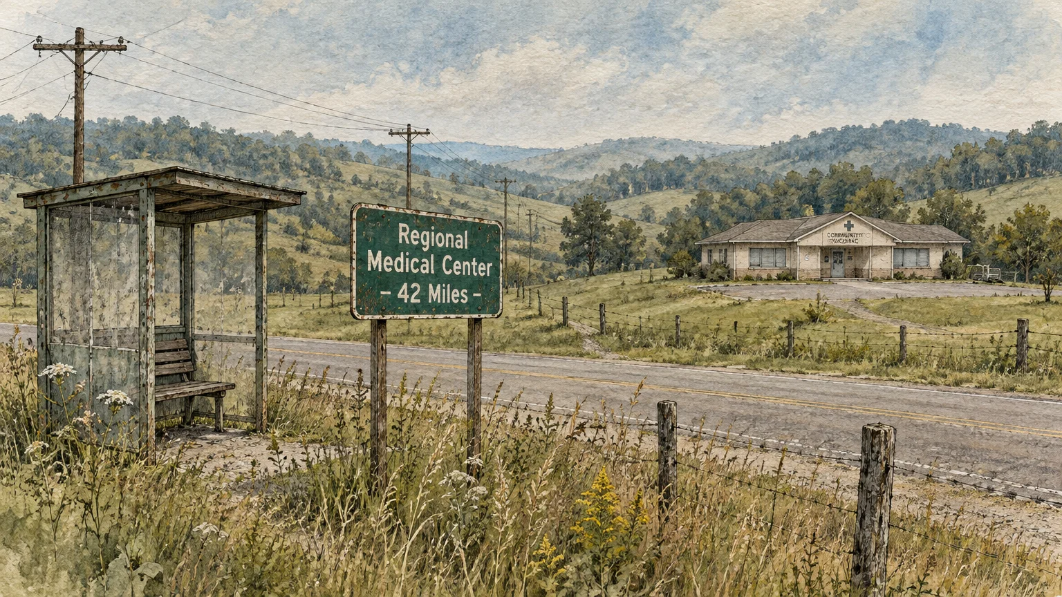 Watercolor illustration of a rural road with a bus shelter and a sign reading Regional Medical Center 42 Miles.