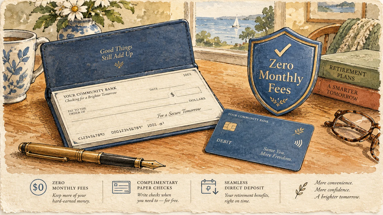 Illustration of a checkbook, debit card, fountain pen, and a shield emblem reading Zero Monthly Fees on a wooden desk.