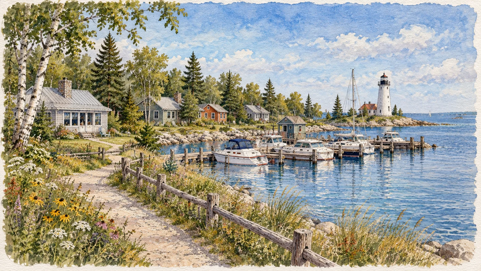 Watercolor painting of a dirt path along a lake harbor with docked boats, cottages, wildflowers, and a lighthouse.