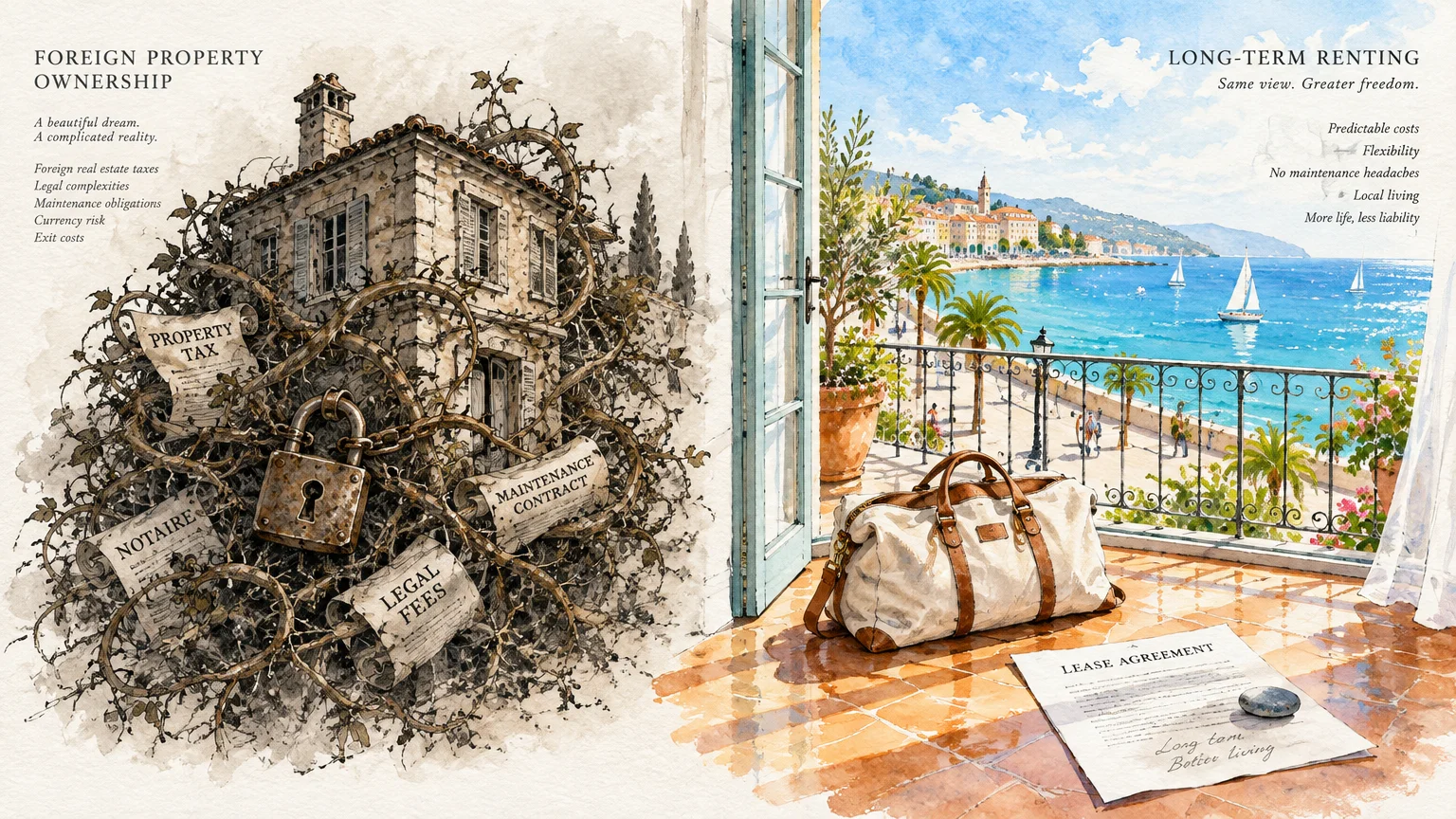 Split illustration contrasting a vine-choked stone house with a sunny seaside balcony featuring luggage and a lease.