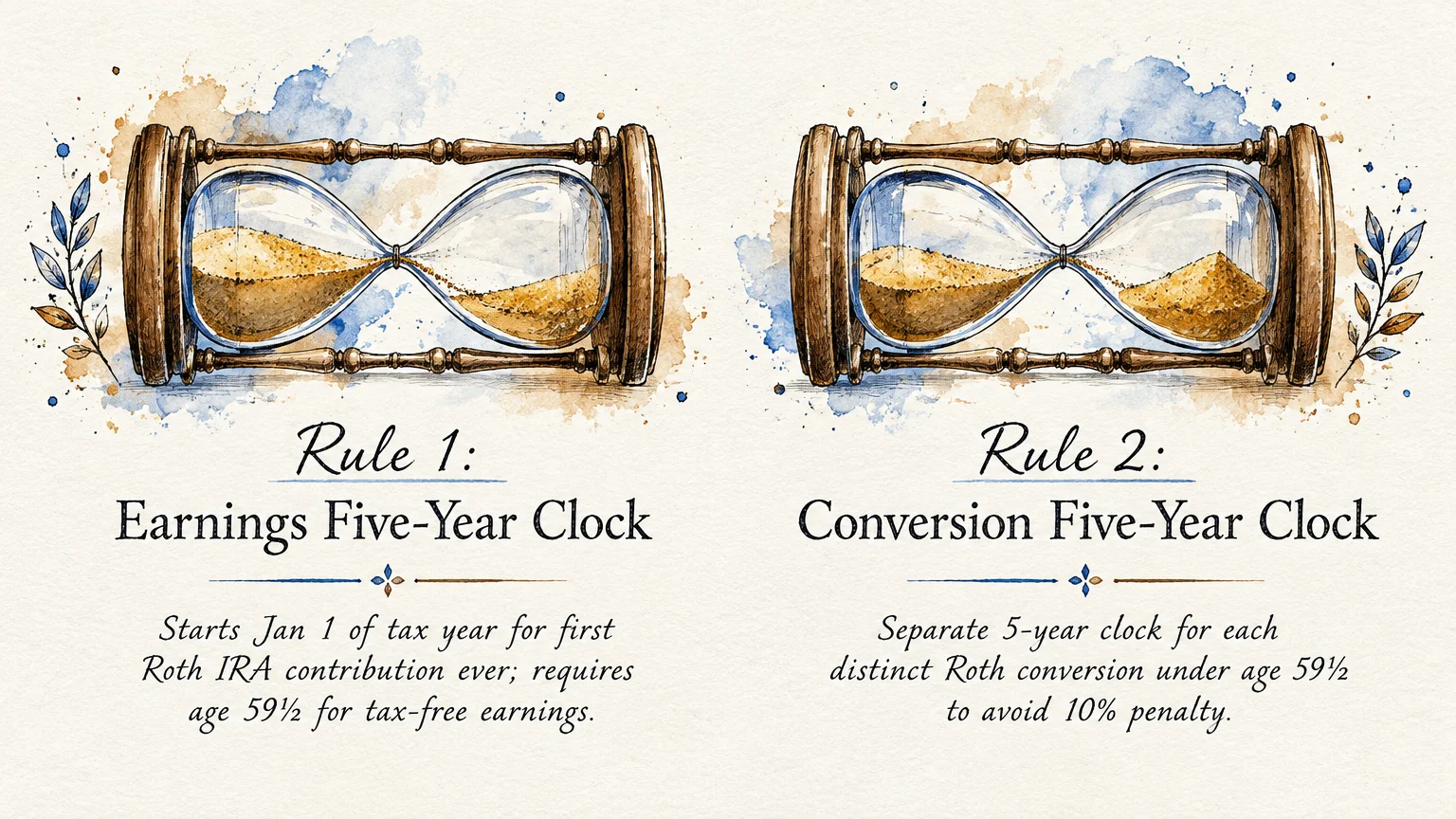 Two horizontal hourglass illustrations comparing the Roth IRA earnings five-year clock with the conversion five-year clock.