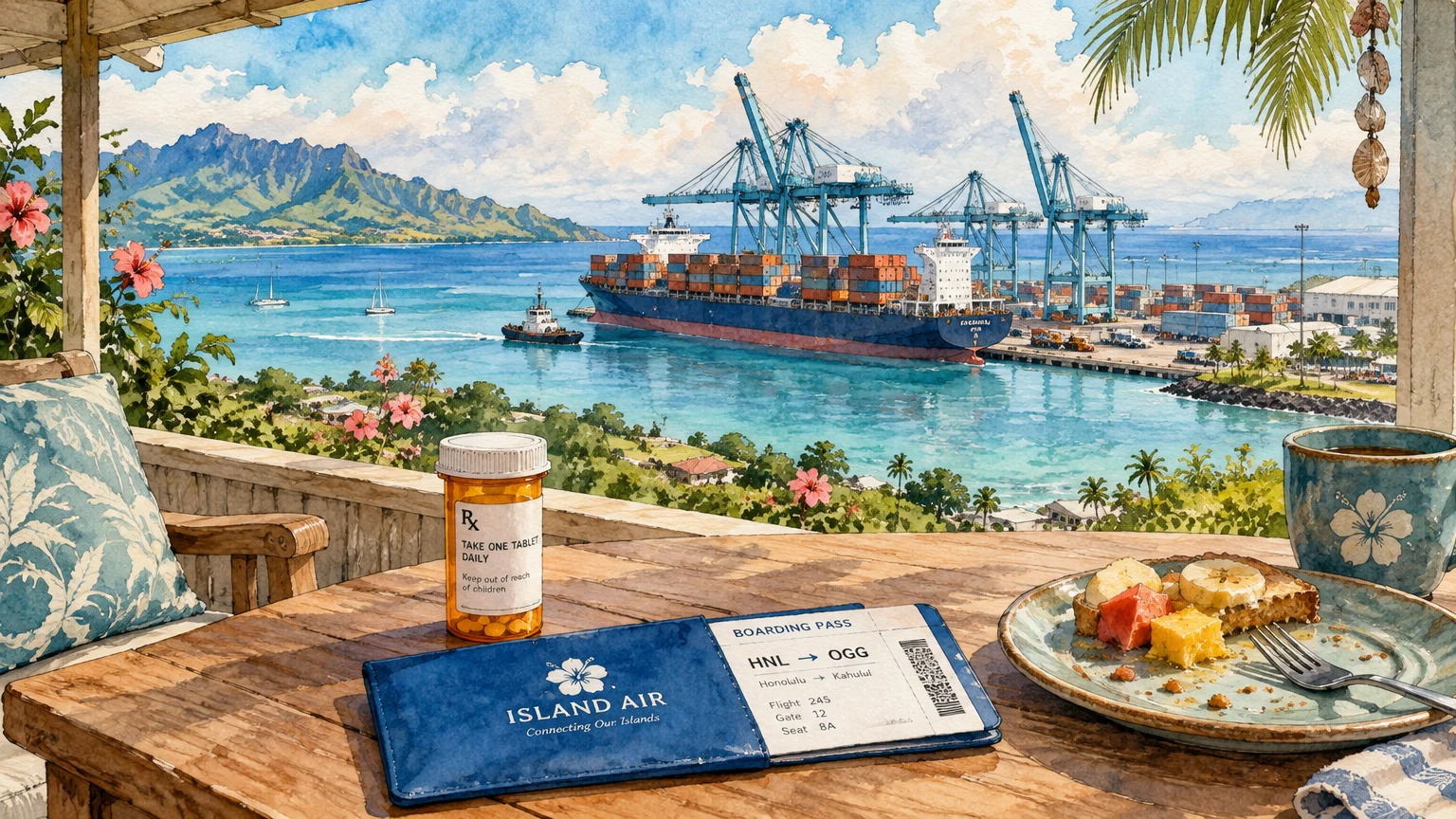 Watercolor illustration of a balcony table with a boarding pass and pill bottle overlooking a container port and ocean.