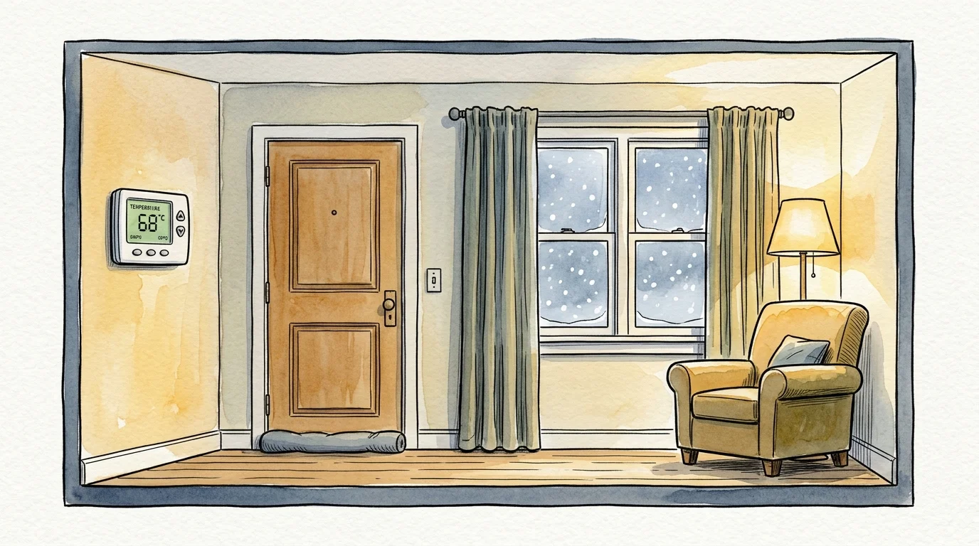 Watercolor sketch of a living room with a wall thermostat, a draft stopper at the front door, and a snowy window.